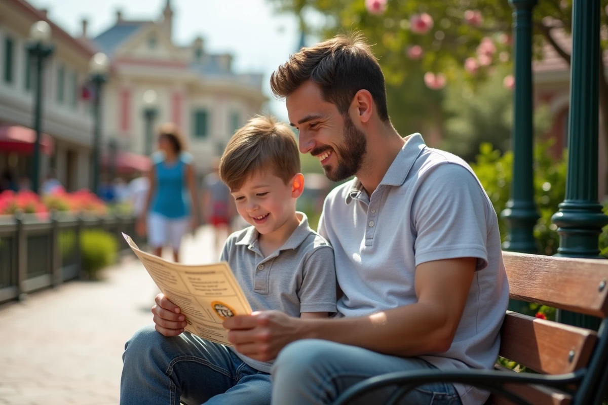 Père et enfant examinant un billet dans le parc d