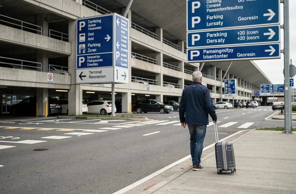 Panneau de signalisation et parking de l'aéroport d'Orly pour accéder au terminal TUI Fly