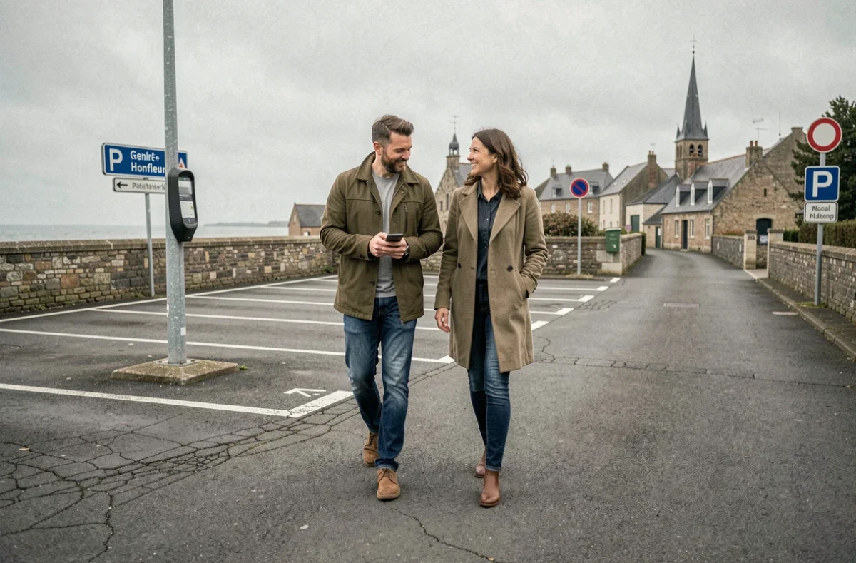 Couple cherchant un parking à Honfleur avec panneau de stationnement et application mobile visible