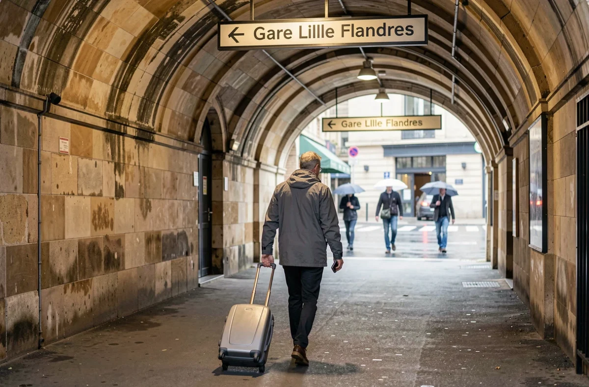 Voyageur sous le passage couvert de la Gare Lille Flandres par temps de pluie