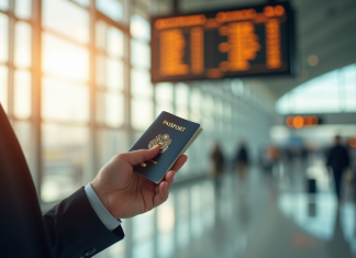 Main tenant un passeport et carte d'embarquement à l'aéroport