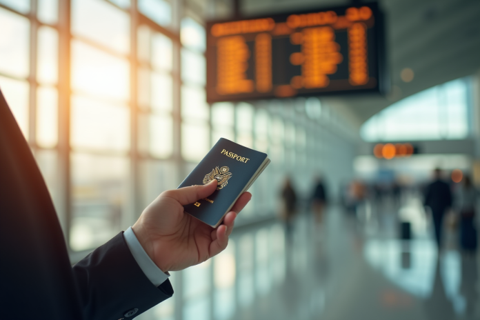 Main tenant un passeport et carte d'embarquement à l'aéroport
