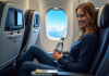 Femme détendue dans un avion avec bouteille d'eau