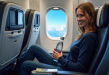 Droit à l’eau en avion : comment s’organiser pour rester hydraté ? Femme détendue dans un avion avec bouteille d'eau