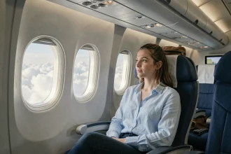 Passagère assise en classe économique Delta Airlines regardant par le hublot lors d'un vol long-courrier