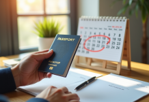 Passeport biométrique ouvert avec calendrier à côté