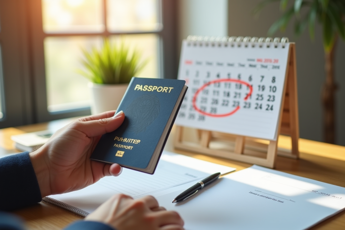 Passeport biométrique ouvert avec calendrier à côté