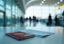 Passeport belge et documents de voyage sur comptoir aéroport