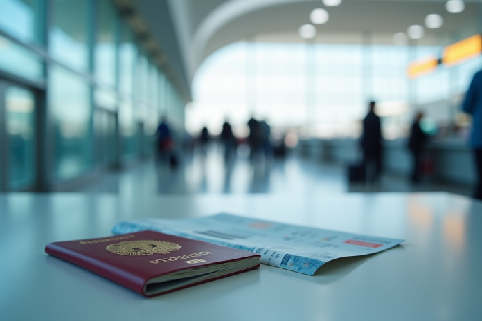 Passeport belge et documents de voyage sur comptoir aéroport