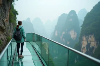 Voyageuse sur la passerelle de verre de la montagne Tianmen à Zhangjiajie, Chine, surplombant un panorama de piliers de grès dans la brume matinale