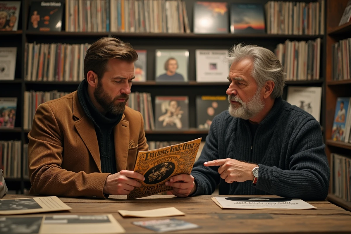 Deux passionnés de musique discutant d'un album Barock and roll dans un magasin de disques vinyle