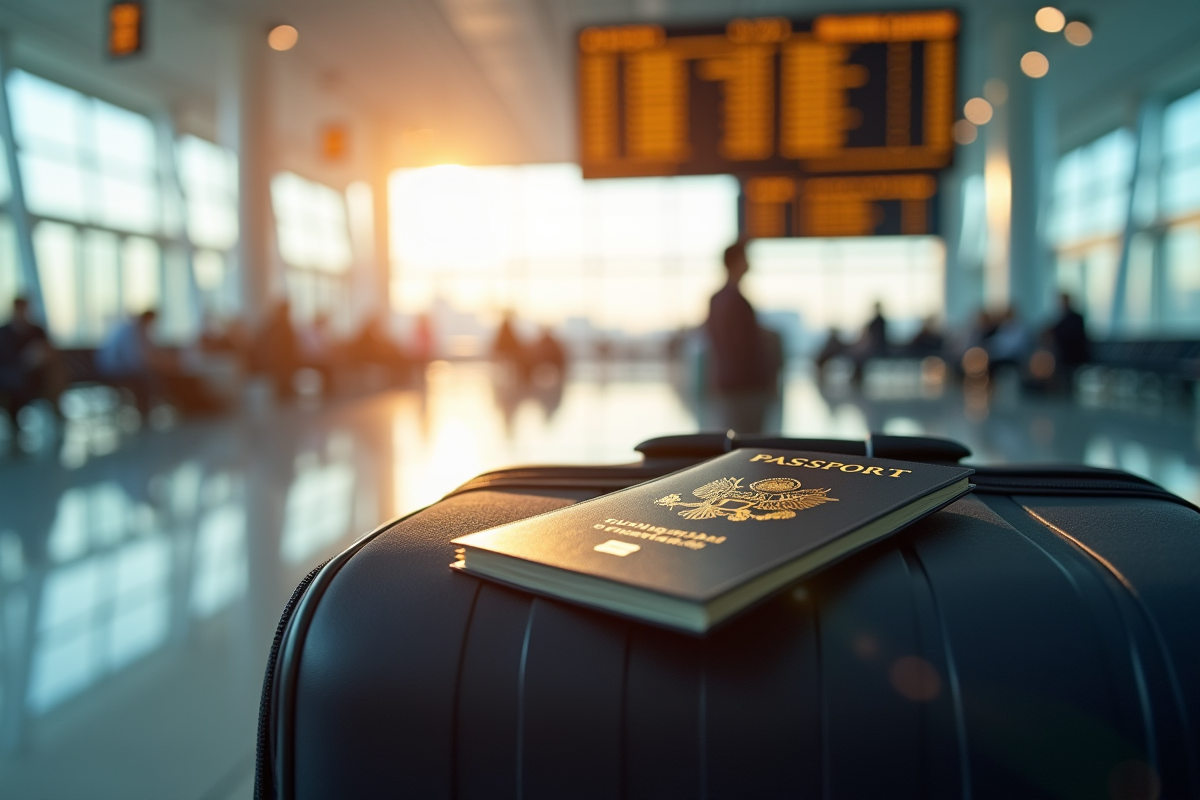 Passeport sur une valise dans un aéroport ensoleille