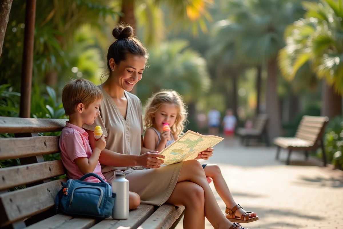 Mère avec ses enfants faisant une pause et consultant le plan d'un parc d'attractions en Espagne
