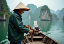 Les secrets de la descente du dragon dans la baie d’Halong Pêcheur vietnamien avec dragon en baie d'Along