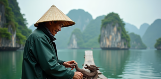 Les secrets de la descente du dragon dans la baie d’Halong Pêcheur vietnamien avec dragon en baie d'Along