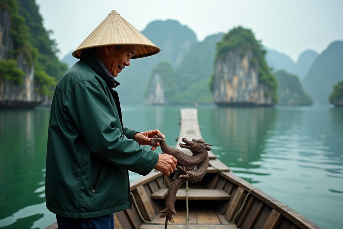 pecheur-halong-bay-dragon Pêcheur vietnamien avec dragon en baie d'Along
