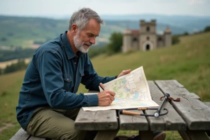 Pèlerin étudiant une carte de l'itinéraire de Compostelle sur une table en bois avec un bâton de marche, campagne française en arrière-plan