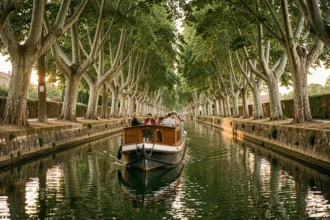 Péniche traditionnelle naviguant sur le Canal du Midi sous les platanes centenaires