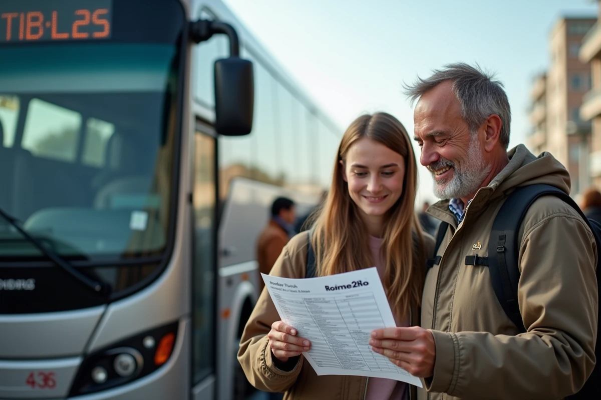 Père et fille regardant itinéraire de voyage devant bus
