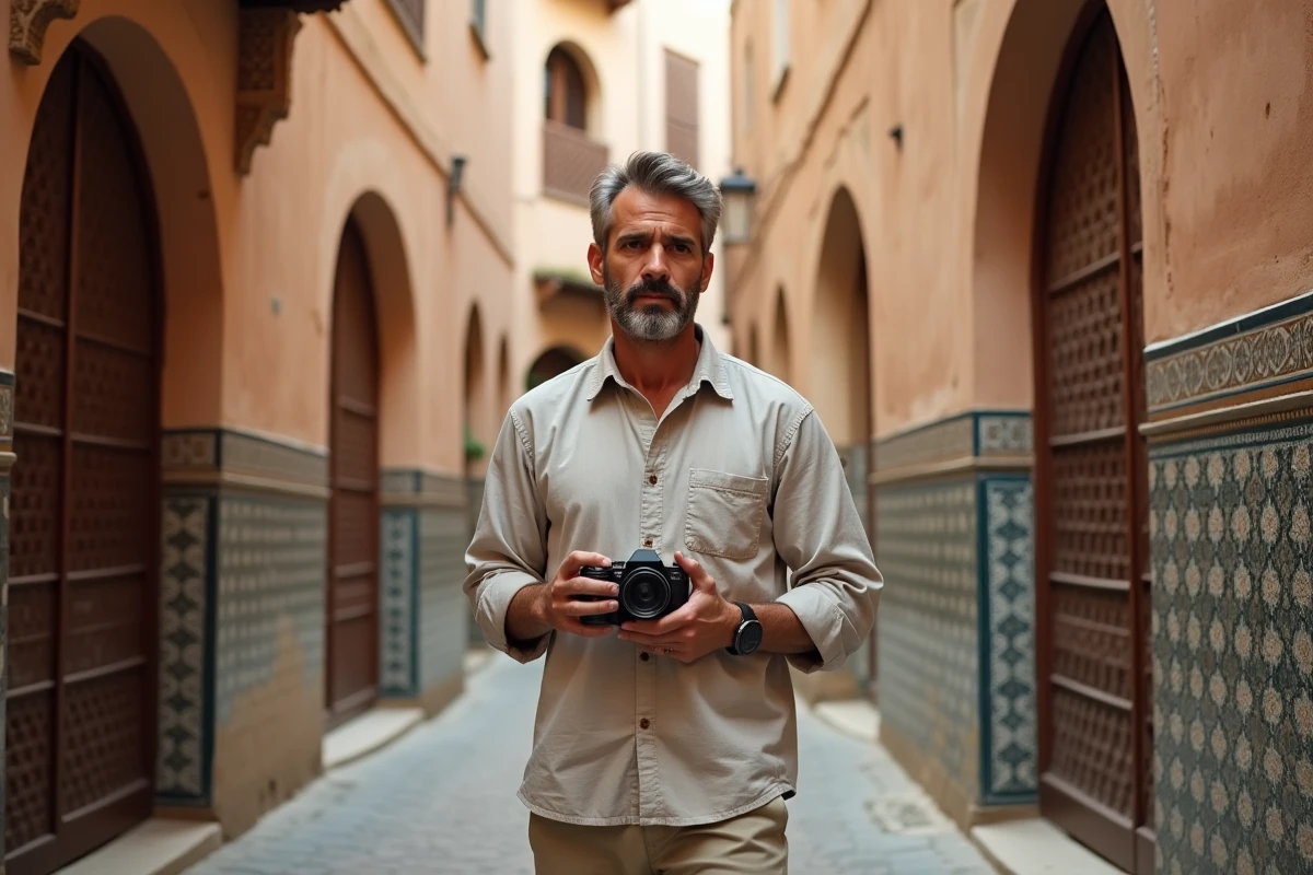Photographe voyageur dans une médina nord-africaine tenant un appareil photo lors d'un atelier photo organisé par Aguila Voyage OneStrip
