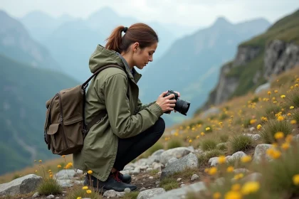 Photographe voyageuse en veste kaki qui examine ses photos sur un appareil photo lors d'un séjour photo en montagne avec Aguila Voyage OneStrip