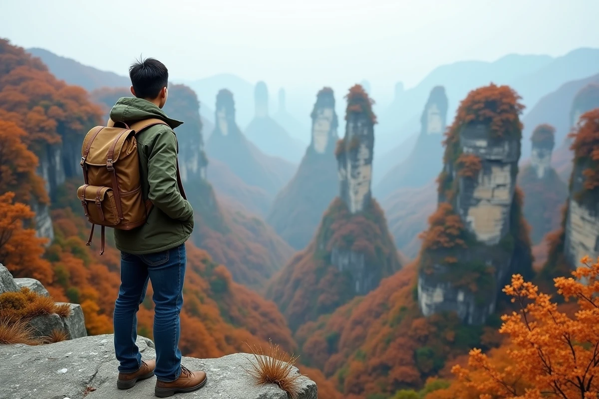 Randonneur contemplant les piliers de grès de Zhangjiajie en automne, forêt nationale couverte de feuillages orangés et dorés, Chine