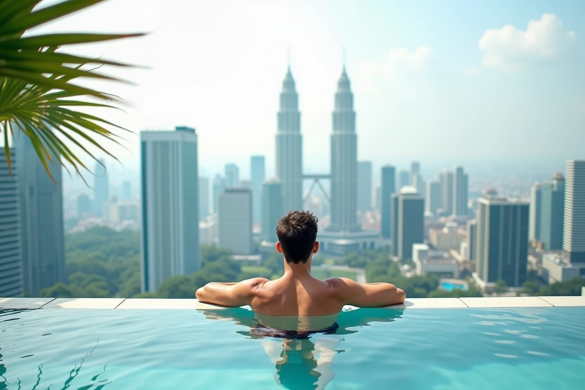 Voyageur se relaxant au bord d'une piscine à débordement d'un hôtel de luxe à Kuala Lumpur avec les Tours Petronas en arrière-plan