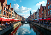 Place animée à Bruges avec bâtiments médiévaux et canaux