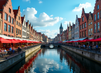 Place animée à Bruges avec bâtiments médiévaux et canaux