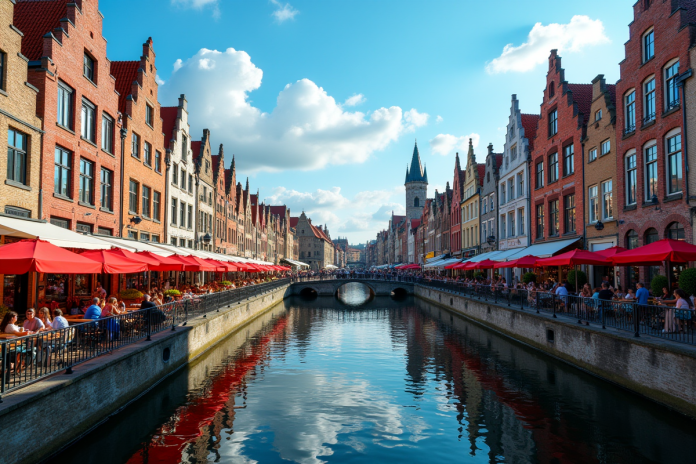 Place animée à Bruges avec bâtiments médiévaux et canaux