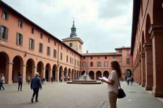 Place Nationale de Montauban avec ses arcades en briques roses et des visiteurs se promenant sous une atmosphère authentique du sud de la France