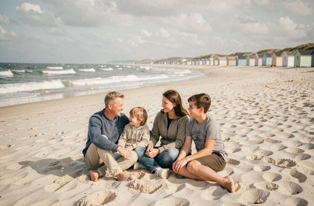 Famille profitant de la plage de Bray-Dunes avec longue étendue de sable fin et cabines de plage colorées en arrière-plan