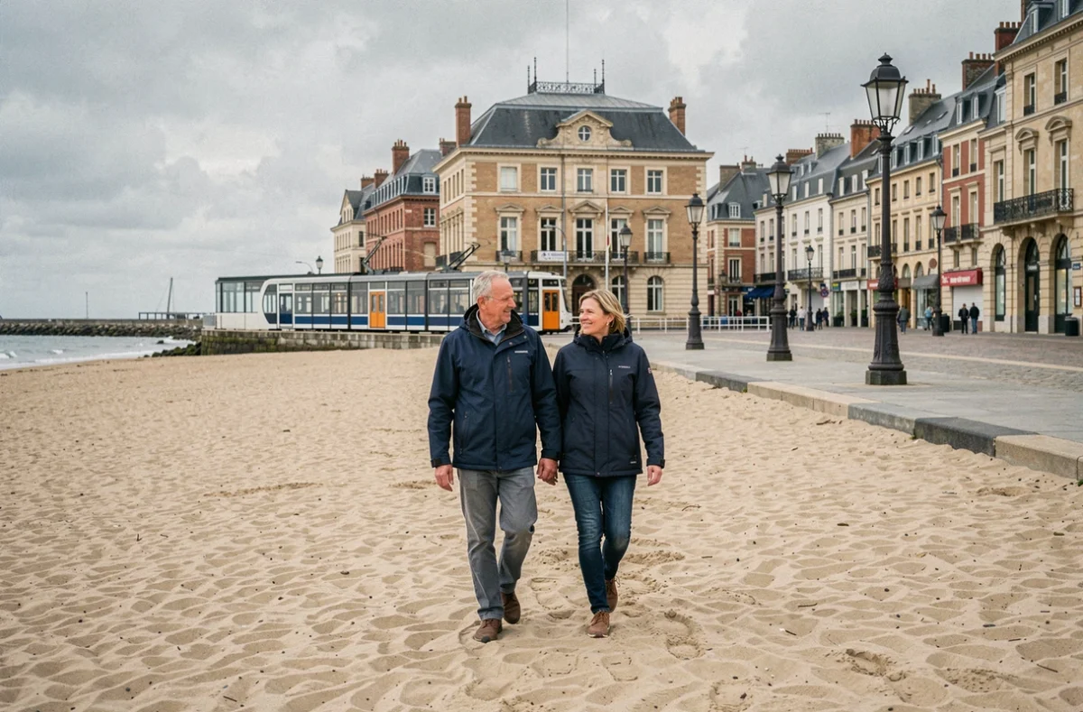 Couple se promenant sur la plage de Dunkerque Malo Terminus avec l'architecture balnéaire historique de la promenade