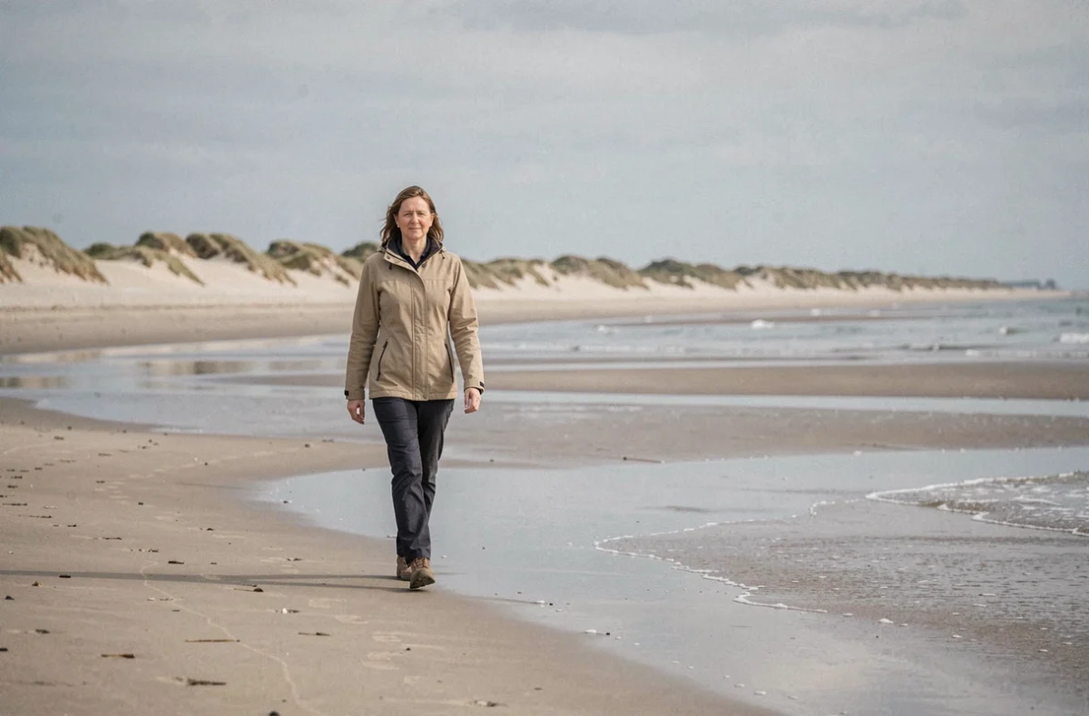 Femme se promenant sur la plage des Écardines à Oye-Plage, vaste étendue de sable plat et mer du Nord en arrière-plan