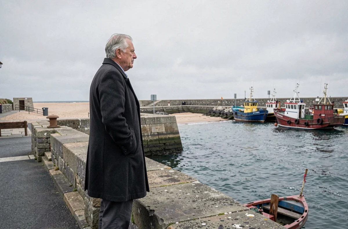 Homme debout sur la jetée de Grand-Fort-Philippe contemplant la mer avec bateaux de pêche et plage en arrière-plan