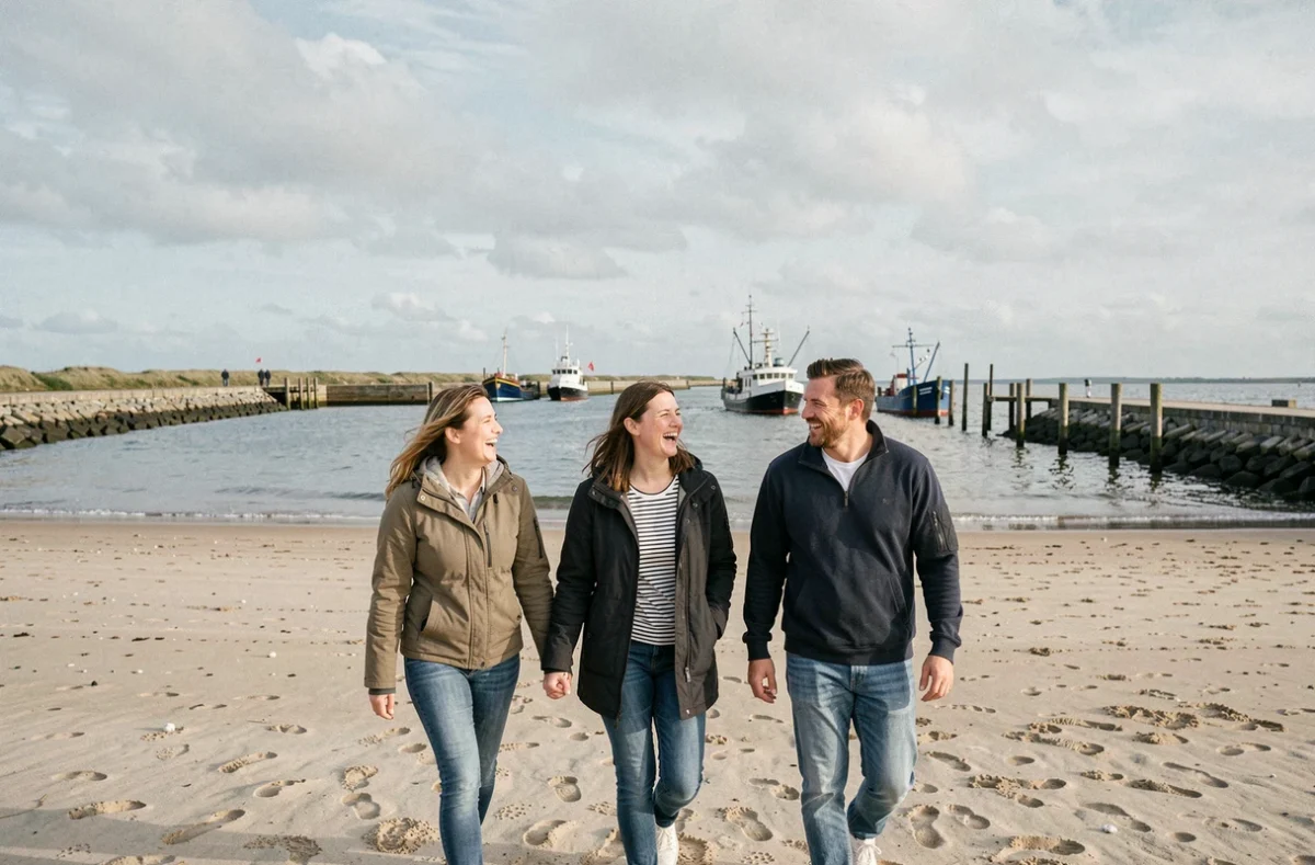 Groupe d'amis se promenant sur la plage de Gravelines à Petit-Fort-Philippe avec l'estuaire de l'Aa et bateaux de pêche