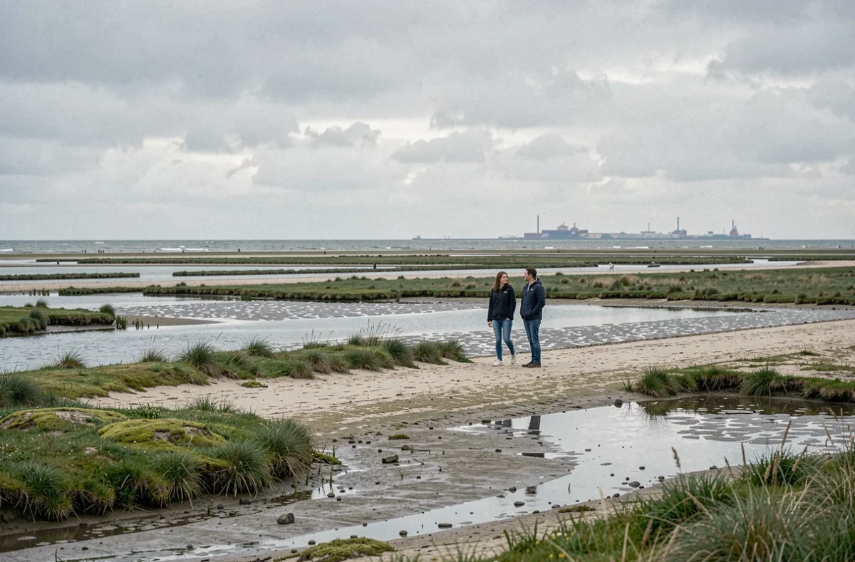 Couple explorant les zones humides de la plage des Hemmes à Oye-Plage avec vastes étendues de sable et mares de marée