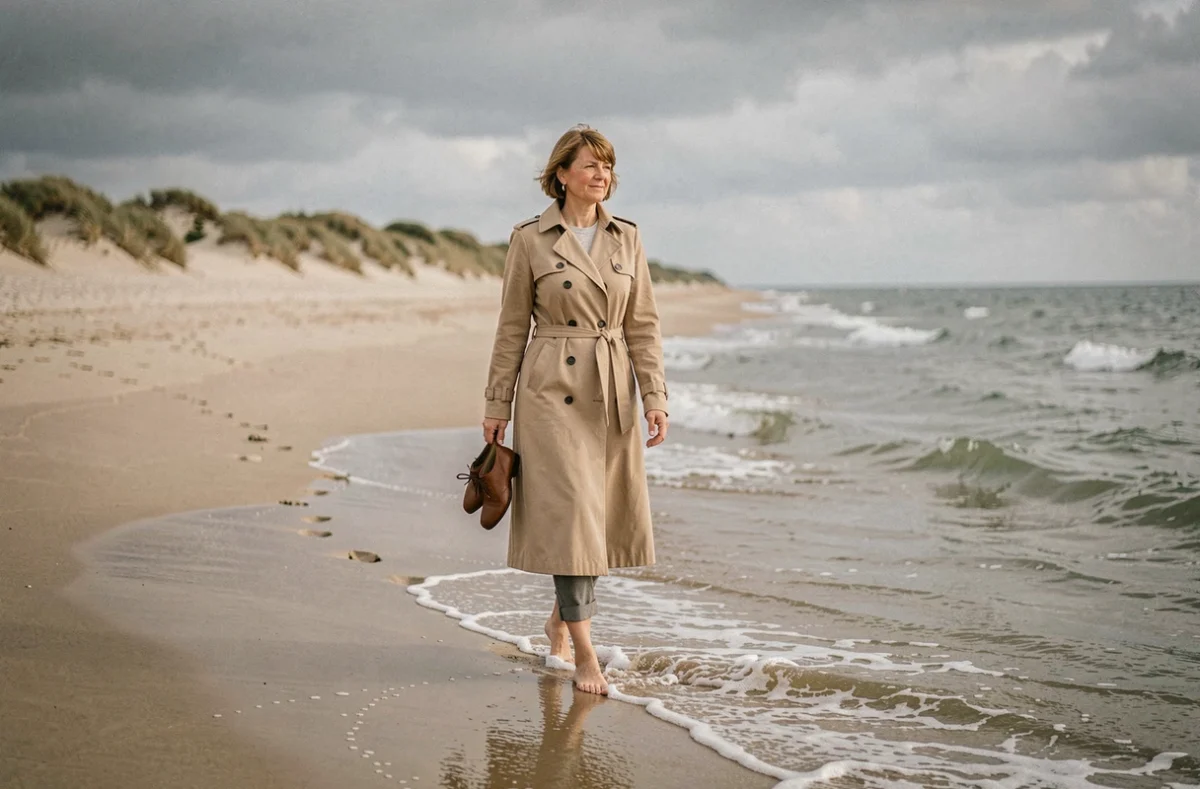 Femme se promenant pieds nus au bord de l'eau sur la plage de Leffrinckoucke avec dunes et mer du Nord