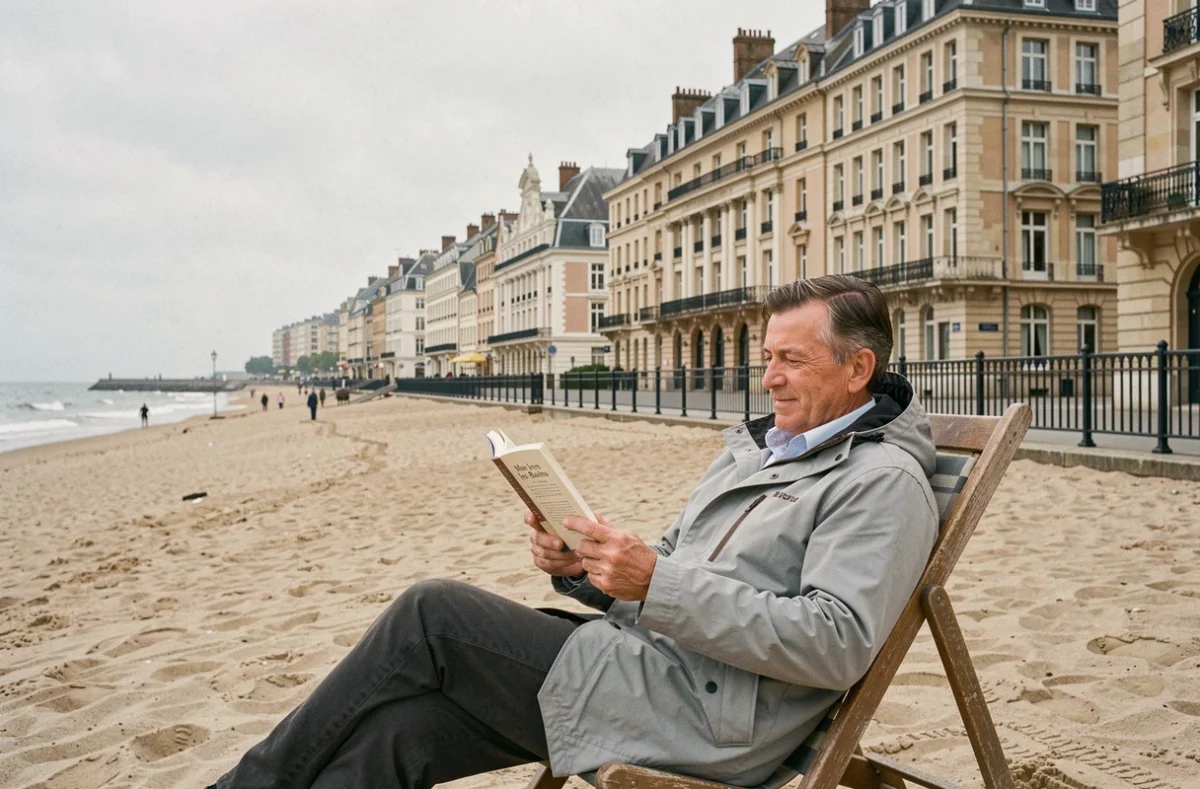 Homme lisant sur la plage de Malo-les-Bains avec la promenade et les villas balnéaires historiques de Dunkerque en arrière-plan