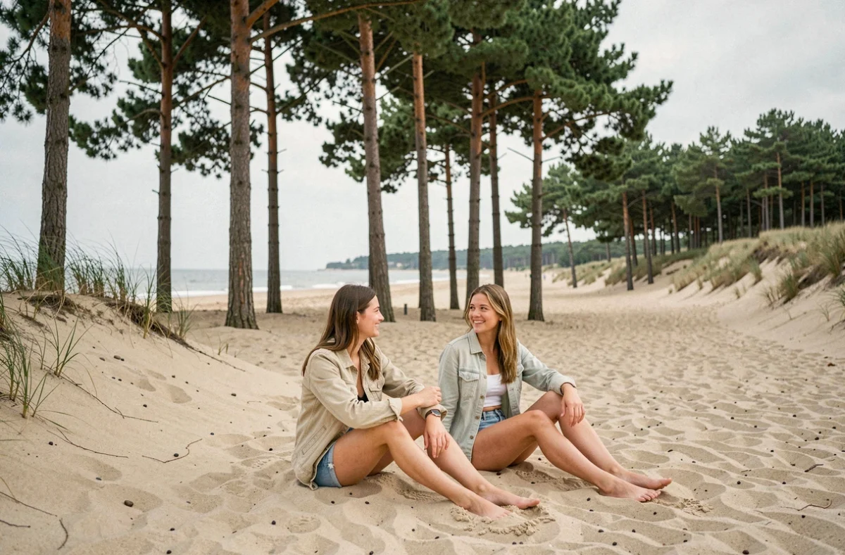 Deux jeunes femmes assises sur la plage du Perroquet à Bray-Dunes avec les dunes boisées de pins caractéristiques