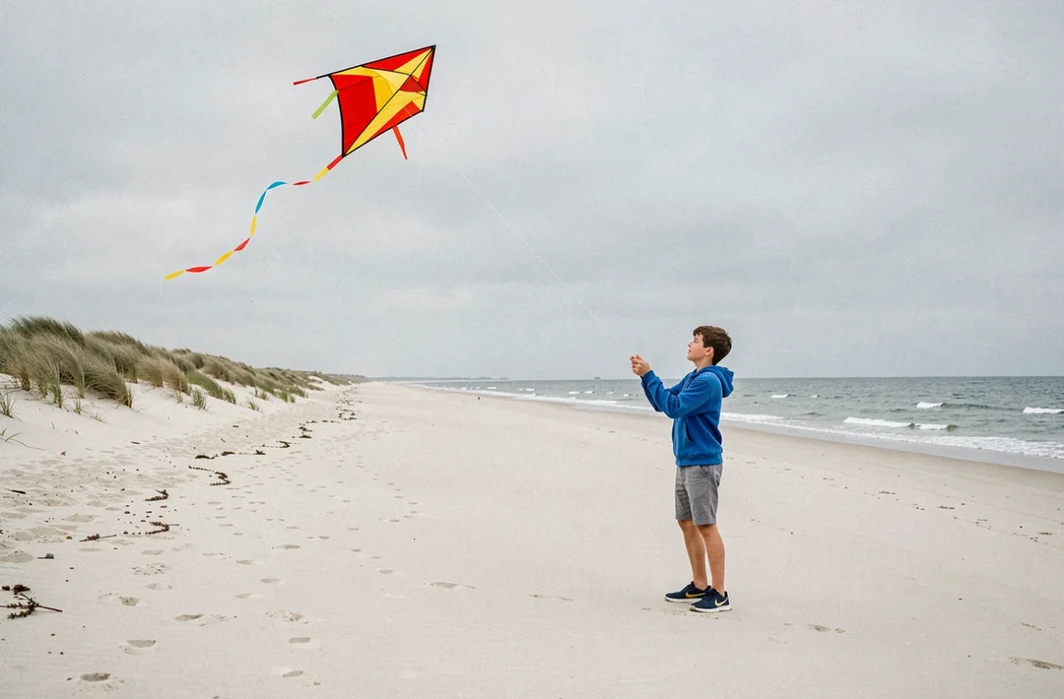 Adolescent faisant voler un cerf-volant coloré sur la plage venteuse de Zuydcoote avec la mer du Nord à l'horizon