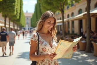 Femme consultant un plan papier d'Aix-en-Provence sur le Cours Mirabeau lors d'un week-end en Provence
