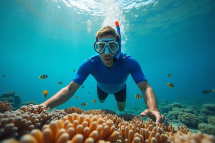 Jeune plongeur nageant au-dessus de coraux colorés à la Réunion