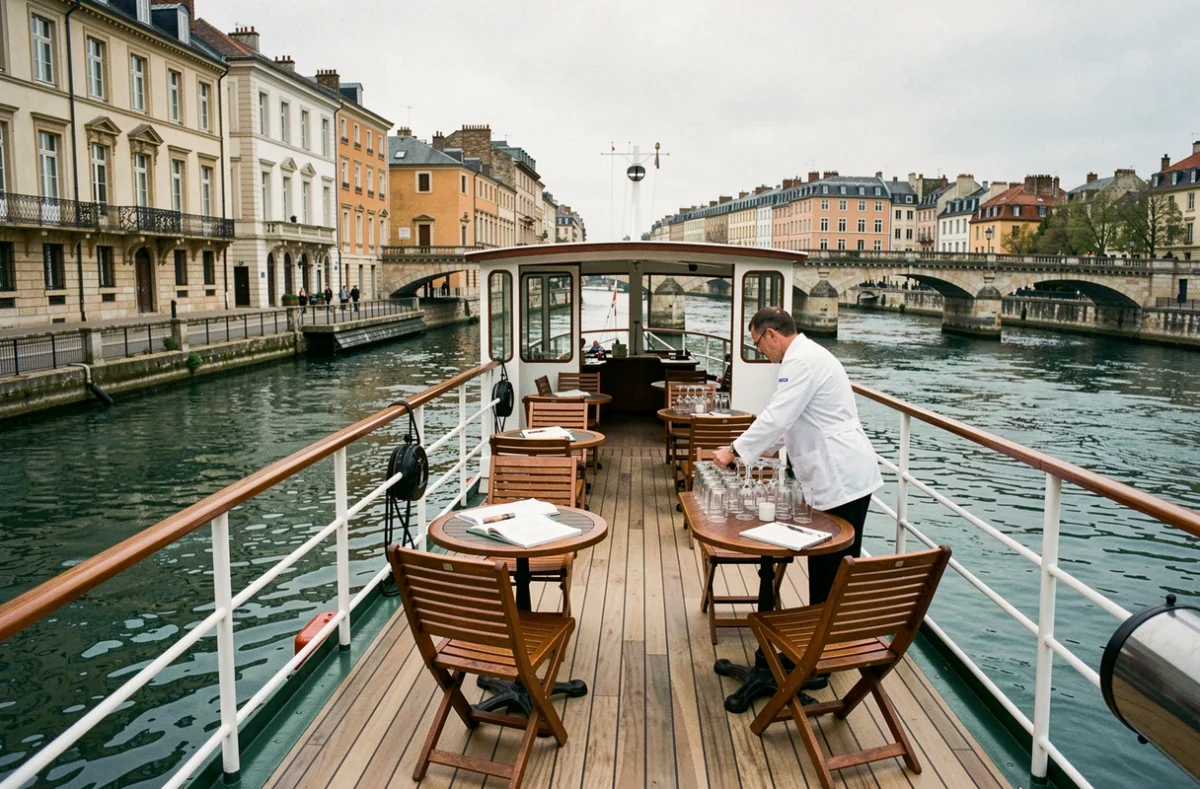 Pont extérieur d'un bateau de croisière fluviale amarré sur la Saône avec tables dressées et vue sur les quais