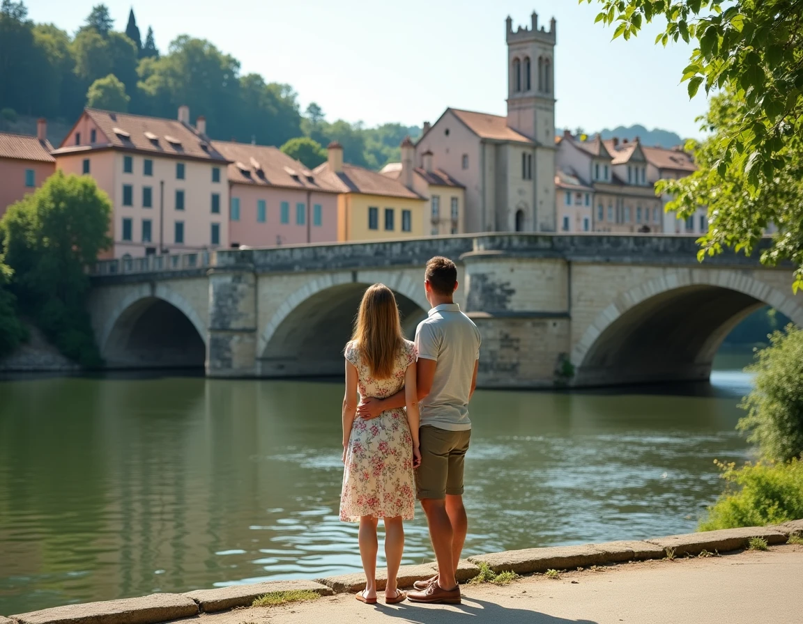 Couple de touristes sur les bords du Tarn à Montauban admirant le Pont Vieux et la skyline de la vieille ville