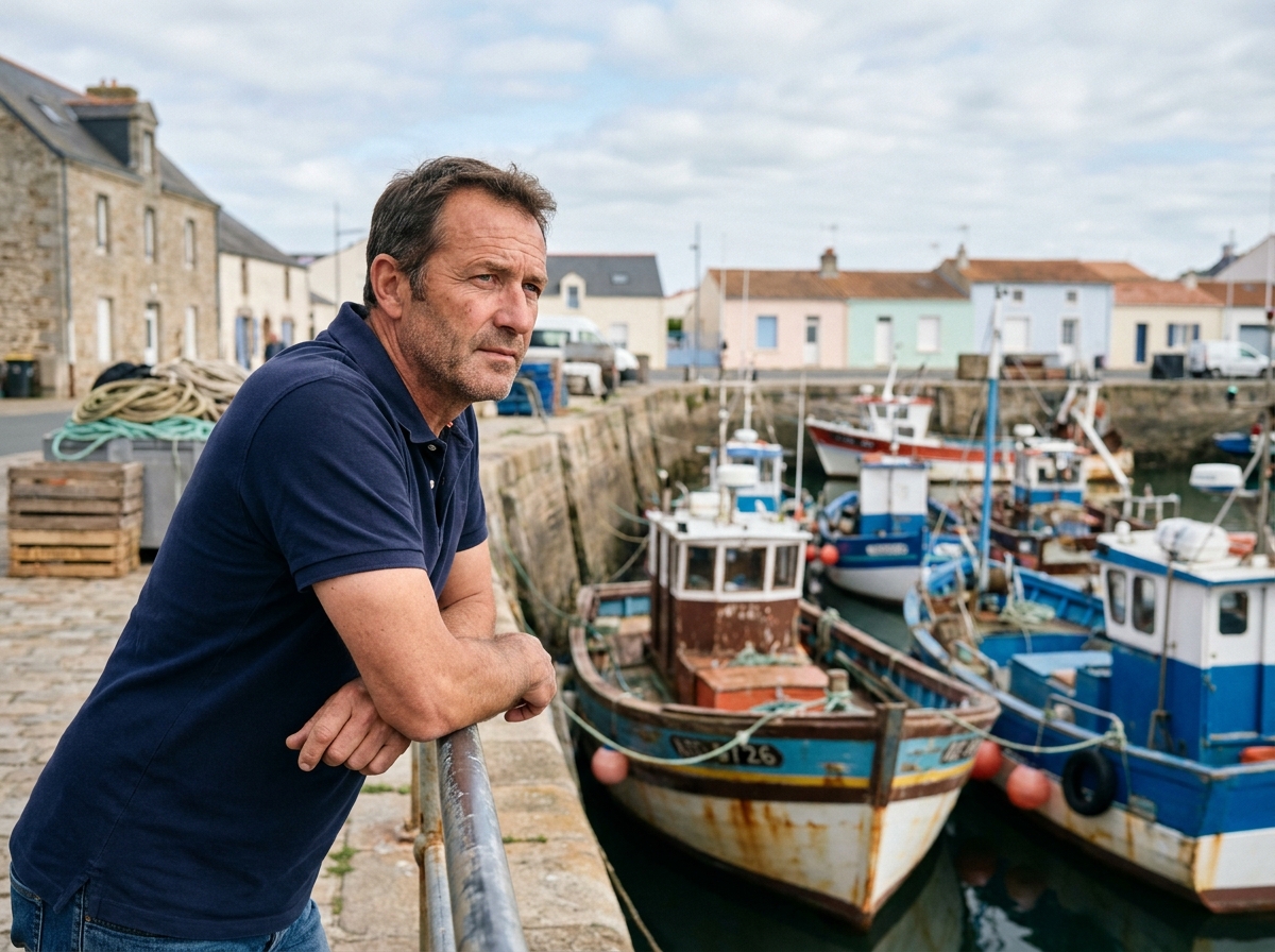 Homme observant les bateaux de pêche amarrés dans le port des Sables-d'Olonne, avec les maisons colorées du port en arrière-plan