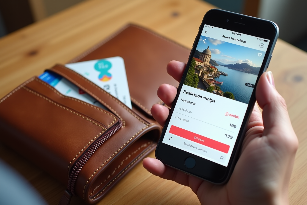 Portefeuille ouvert avec bons vacances et smartphone Airbnb