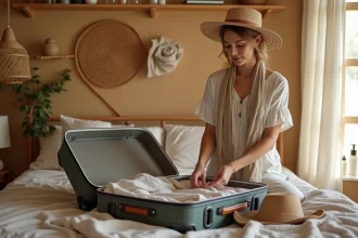 Femme préparant sa valise pour un voyage à Ksar Ghilane avec vêtements légers, chapeau de soleil et accessoires désert