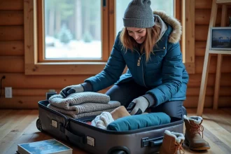 Femme préparant ses bagages pour un voyage d'hiver en Finlande
