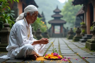 Prêtre balinais en tenue traditionnelle préparant des offrandes colorées